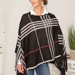 **NWT** Black Plaid Poncho with Fringe